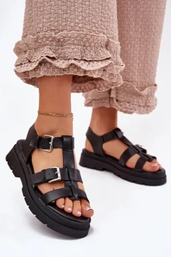 Sandały Płaskie>Boto Sandały Damskie Eko Skórzane Z Klamrami Czarne Jeneliena Czarny