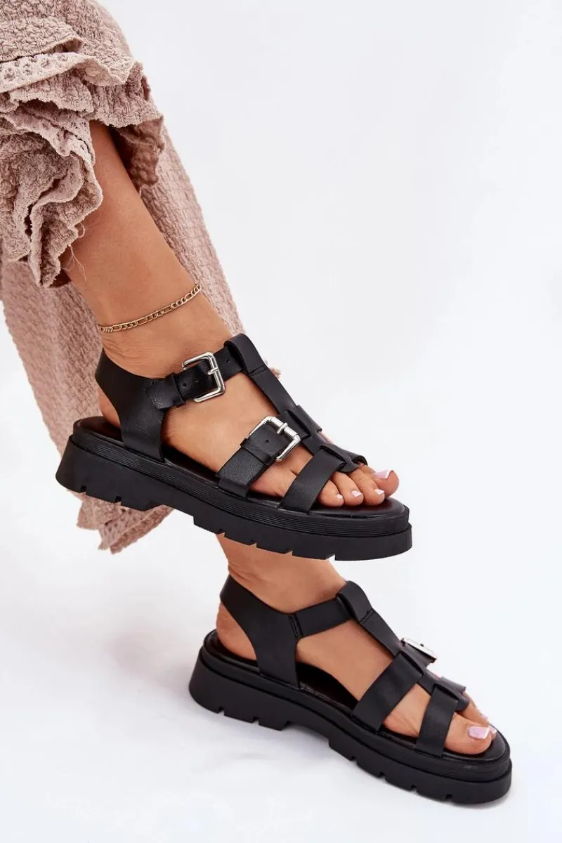 Sandały Płaskie>Boto Sandały Damskie Eko Skórzane Z Klamrami Czarne Jeneliena Czarny