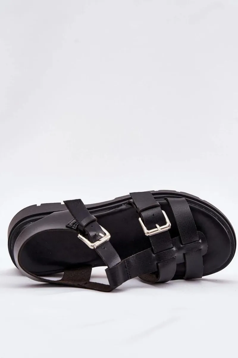 Sandały Płaskie>Boto Sandały Damskie Eko Skórzane Z Klamrami Czarne Jeneliena Czarny