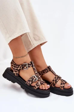 Outlet Boto Sandały Damskie Eko Skórzane Z Klamrami Panterka Jeneliena Brązowy