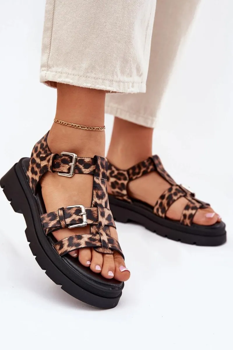 Outlet Boto Sandały Damskie Eko Skórzane Z Klamrami Panterka Jeneliena Brązowy