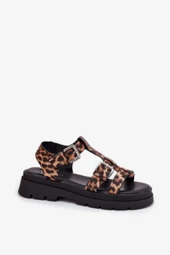 Outlet Boto Sandały Damskie Eko Skórzane Z Klamrami Panterka Jeneliena Brązowy