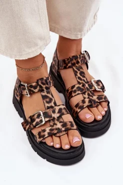 Outlet Boto Sandały Damskie Eko Skórzane Z Klamrami Panterka Jeneliena Brązowy