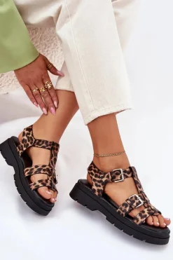 Outlet Boto Sandały Damskie Eko Skórzane Z Klamrami Panterka Jeneliena Brązowy