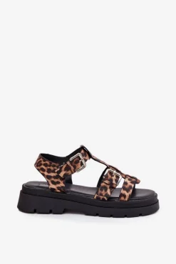 Outlet Boto Sandały Damskie Eko Skórzane Z Klamrami Panterka Jeneliena Brązowy