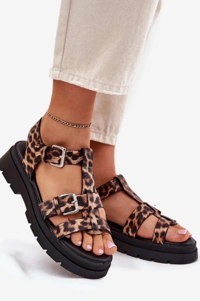 Outlet Boto Sandały Damskie Eko Skórzane Z Klamrami Panterka Jeneliena Brązowy