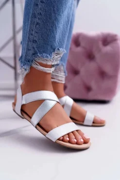 Sale Sandały Damskie Eleganckie Srebrne Carme Damskie Sandały Płaskie