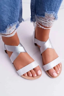 Sale Sandały Damskie Eleganckie Srebrne Carme Damskie Sandały Płaskie