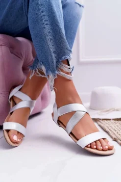 Sale Sandały Damskie Eleganckie Srebrne Carme Damskie Sandały Płaskie