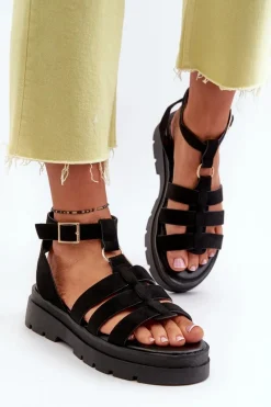 Sandały Płaskie>Boto Sandały Damskie Gladiatorki Z Eko Zamszu Czarne Dorameia