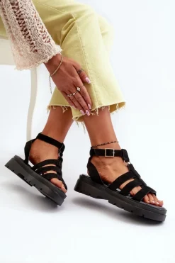 Sandały Płaskie>Boto Sandały Damskie Gladiatorki Z Eko Zamszu Czarne Dorameia