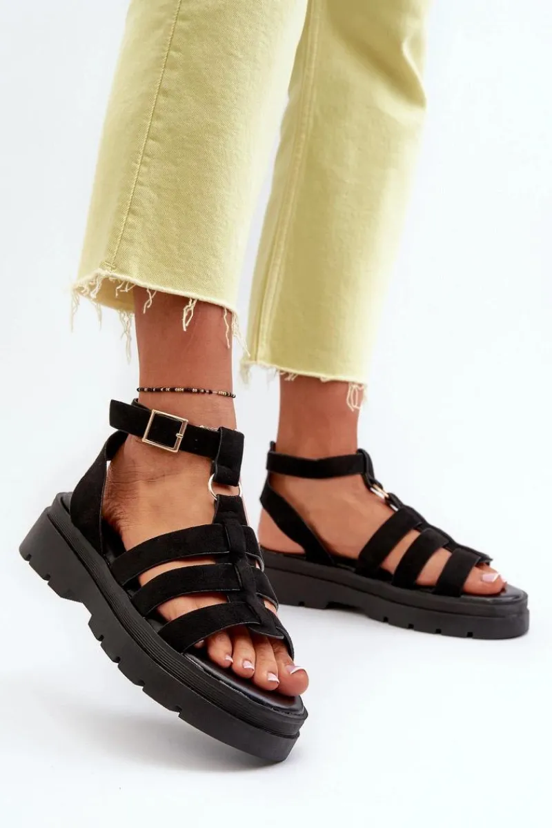 Sandały Płaskie>Boto Sandały Damskie Gladiatorki Z Eko Zamszu Czarne Dorameia