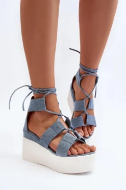 Sandały Na Koturnie>Boto Sandały Damskie Jeansowe Wiązane Niebieskie Helavi