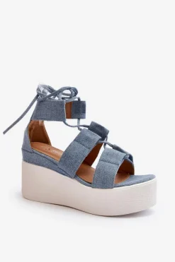 Sandały Na Koturnie>Boto Sandały Damskie Jeansowe Wiązane Niebieskie Helavi