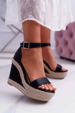 Best Sandały Damskie Na Espadryku Czarne Devon Damskie Sandały Na Koturnie