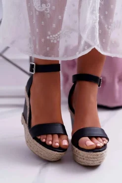 Best Sandały Damskie Na Espadryku Czarne Devon Damskie Sandały Na Koturnie