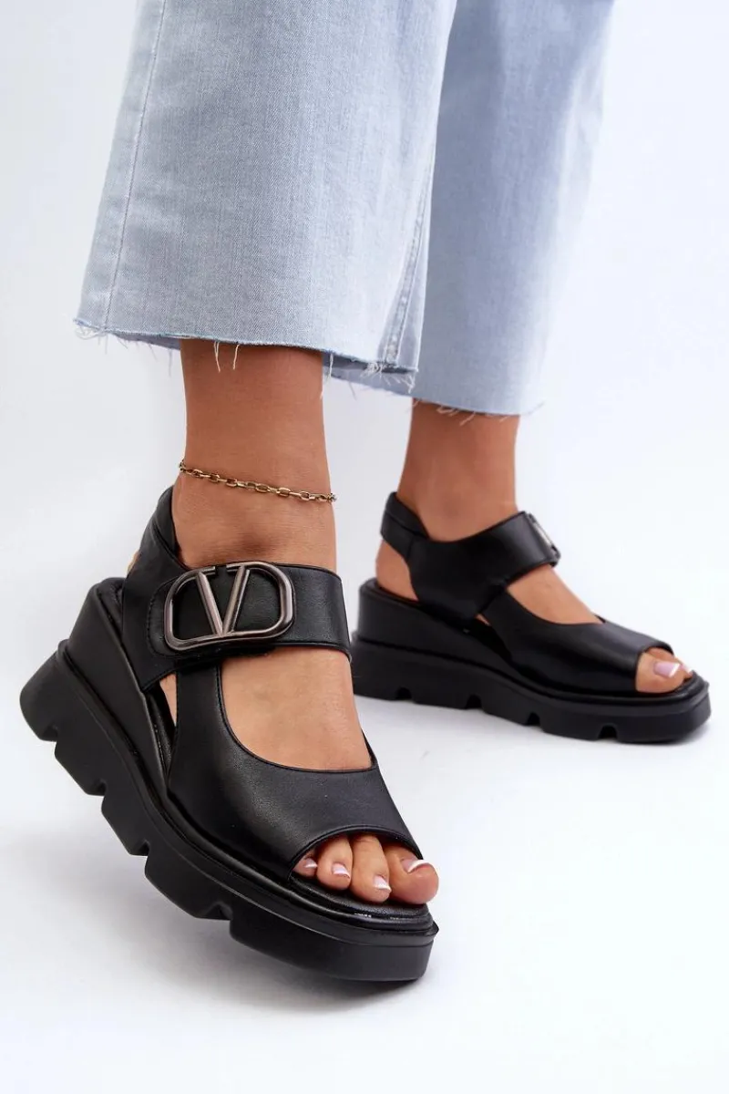 Sale Sandały Damskie Na Koturnie I Platformie Z Eko Skóry Czarne Triaola Damskie Sandały Na Koturnie