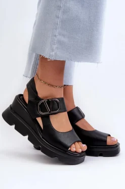 Sale Sandały Damskie Na Koturnie I Platformie Z Eko Skóry Czarne Triaola Damskie Sandały Na Koturnie