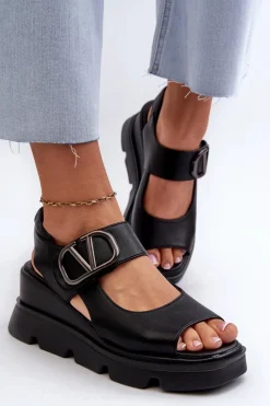 Sale Sandały Damskie Na Koturnie I Platformie Z Eko Skóry Czarne Triaola Damskie Sandały Na Koturnie