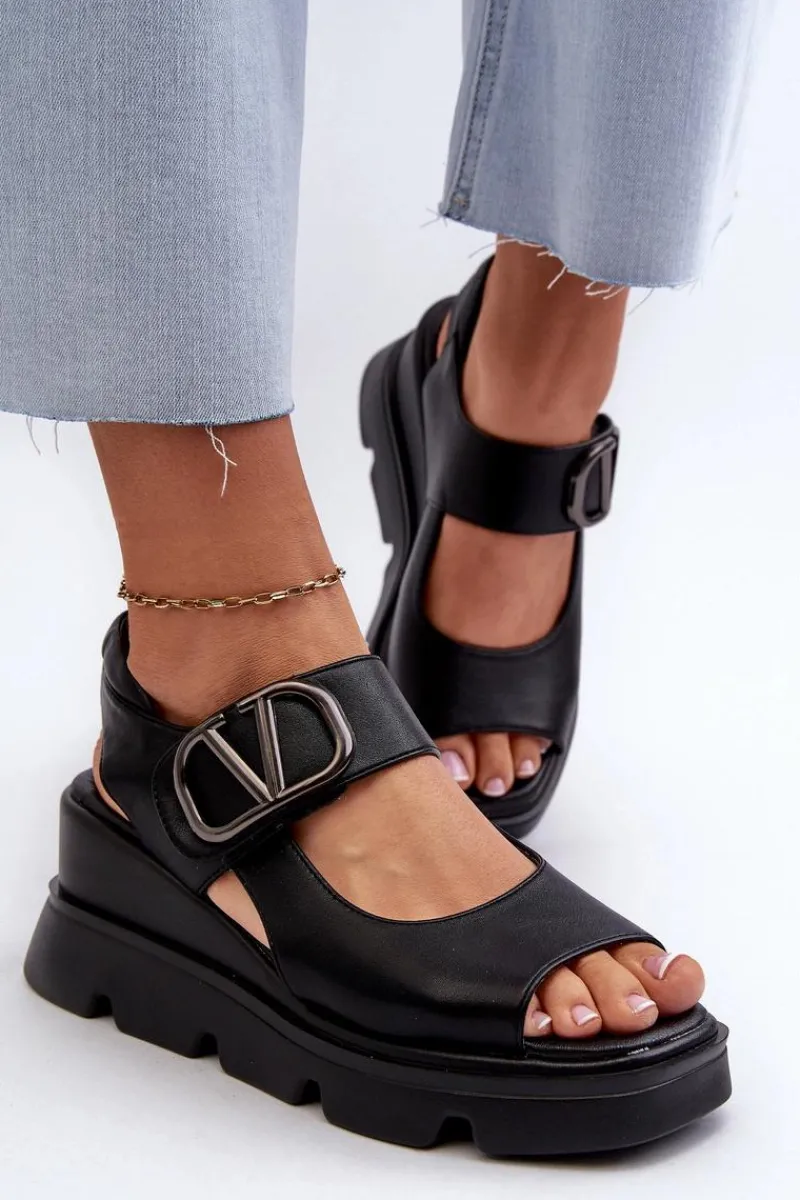 Sale Sandały Damskie Na Koturnie I Platformie Z Eko Skóry Czarne Triaola Damskie Sandały Na Koturnie