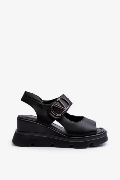 Sale Sandały Damskie Na Koturnie I Platformie Z Eko Skóry Czarne Triaola Damskie Sandały Na Koturnie