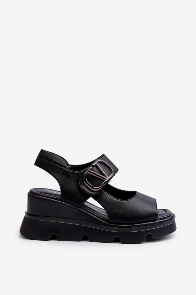 Sale Sandały Damskie Na Koturnie I Platformie Z Eko Skóry Czarne Triaola Damskie Sandały Na Koturnie