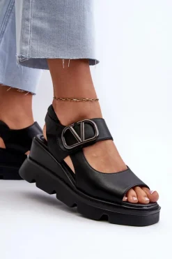 Sale Sandały Damskie Na Koturnie I Platformie Z Eko Skóry Czarne Triaola Damskie Sandały Na Koturnie