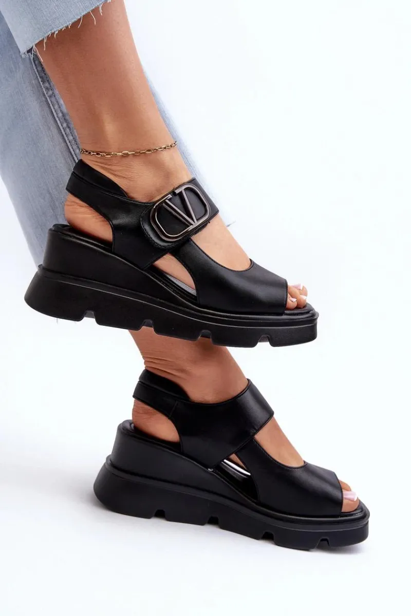 Sale Sandały Damskie Na Koturnie I Platformie Z Eko Skóry Czarne Triaola Damskie Sandały Na Koturnie