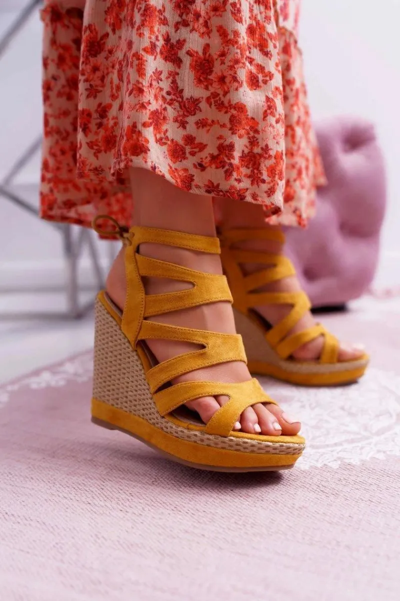 Online Sandały Damskie Na Koturnie Sznurek Żółte Liluena Damskie Sandały Na Koturnie