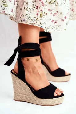 New Sandały Damskie Na Koturnie Wiązane Czarne Belleza Damskie Sandały Na Koturnie