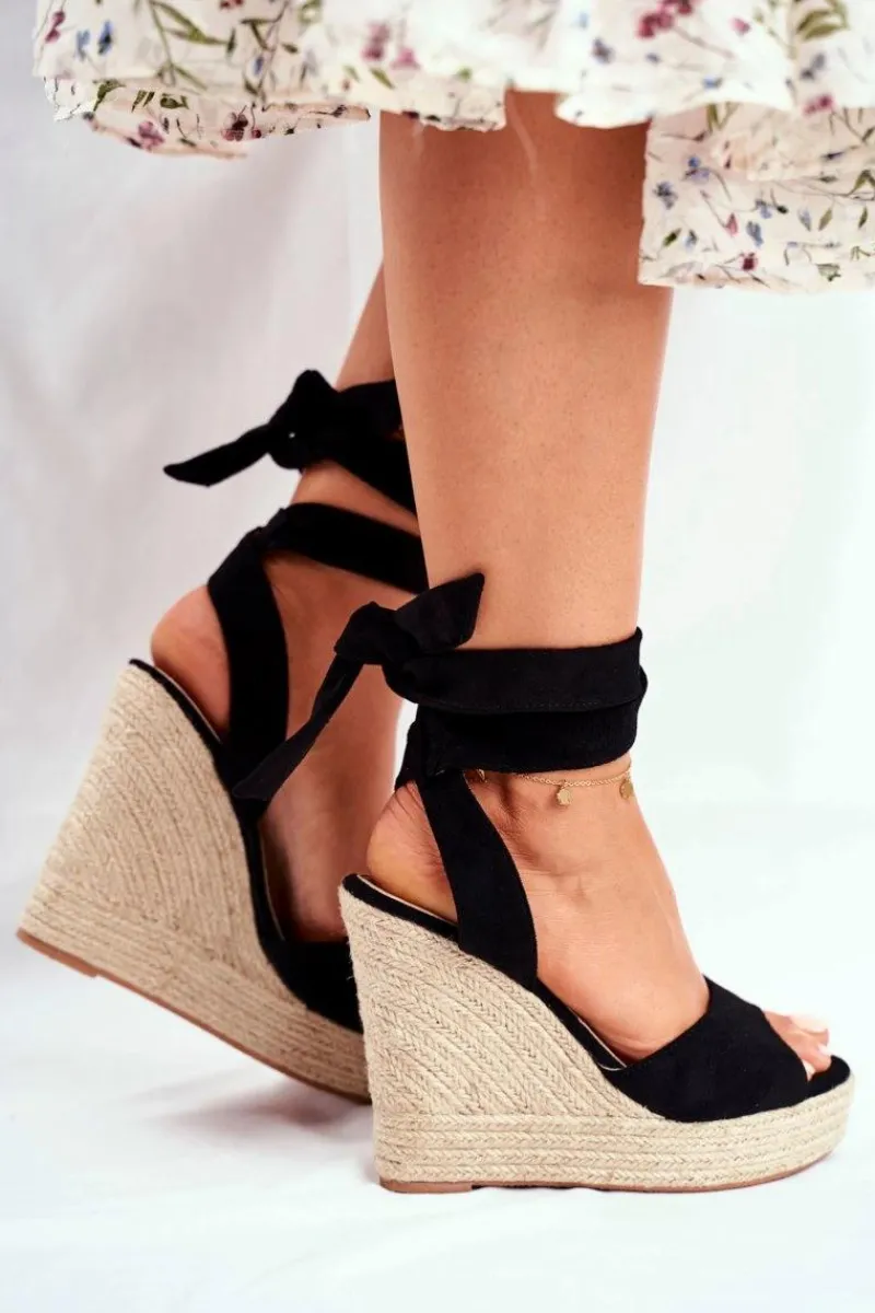 New Sandały Damskie Na Koturnie Wiązane Czarne Belleza Damskie Sandały Na Koturnie