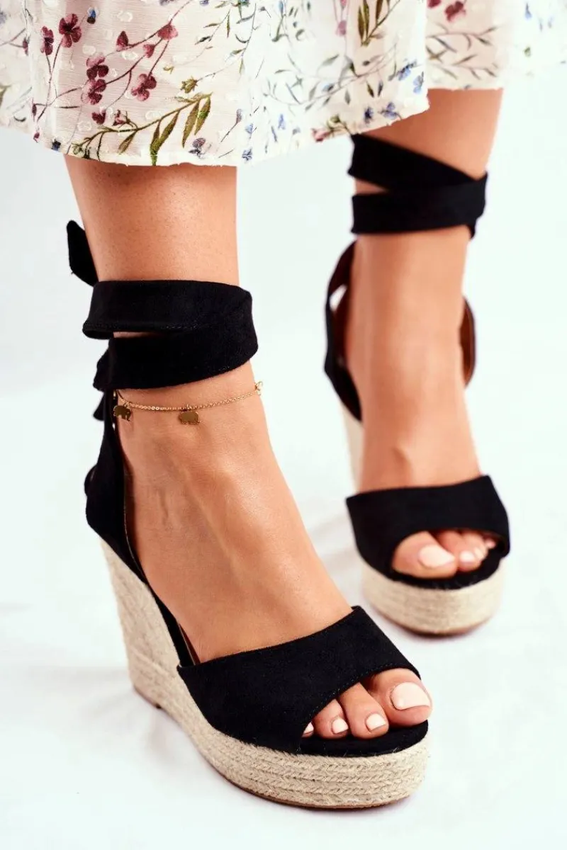 New Sandały Damskie Na Koturnie Wiązane Czarne Belleza Damskie Sandały Na Koturnie