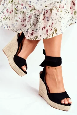 New Sandały Damskie Na Koturnie Wiązane Czarne Belleza Damskie Sandały Na Koturnie