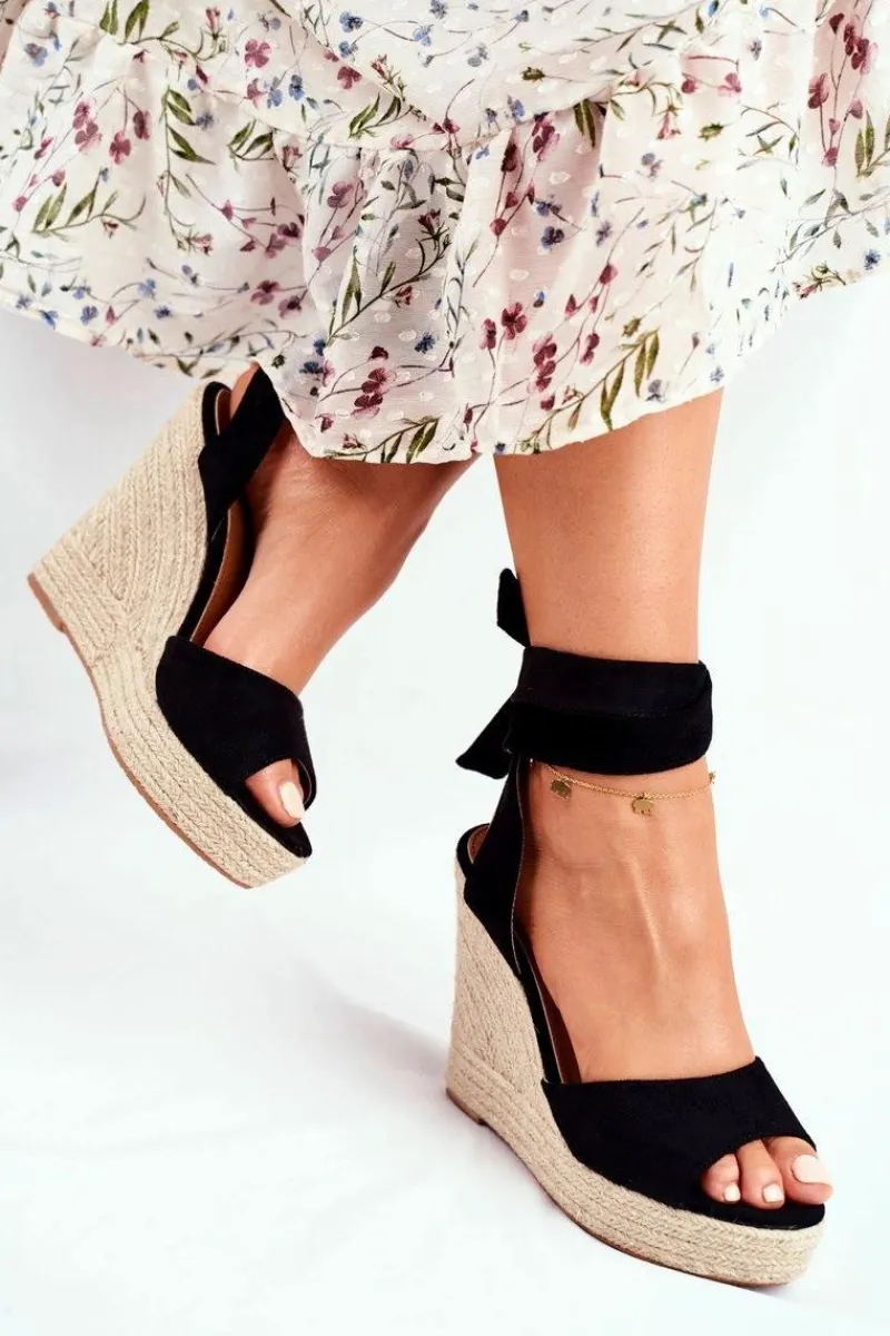 New Sandały Damskie Na Koturnie Wiązane Czarne Belleza Damskie Sandały Na Koturnie