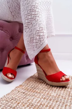 Hot Sandały Damskie Na Koturnie Espadryle Czerwone Trame Damskie Sandały Na Koturnie