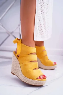 New Boto Sandały Damskie Na Koturnie Lniane Wiązane Żółte Cantare