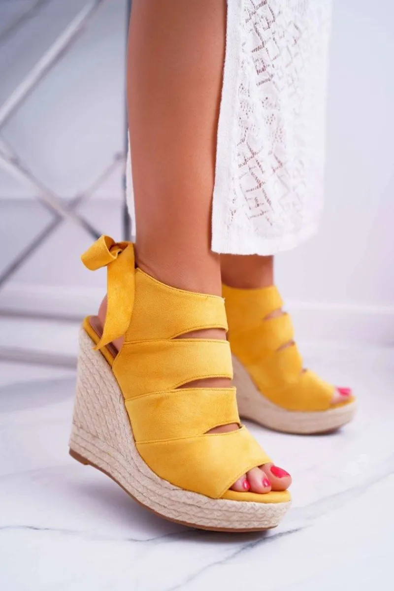 New Boto Sandały Damskie Na Koturnie Lniane Wiązane Żółte Cantare