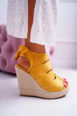 New Boto Sandały Damskie Na Koturnie Lniane Wiązane Żółte Cantare