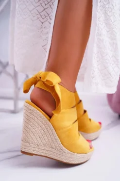 New Boto Sandały Damskie Na Koturnie Lniane Wiązane Żółte Cantare
