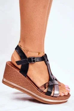 Evento Sandały Damskie Na Koturnie Czarne Skóra Węża Enroll