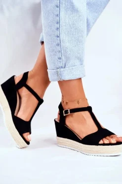 New Sandały Damskie Na Koturnie Czarne Papillon Damskie Sandały Na Koturnie