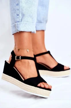 New Sandały Damskie Na Koturnie Czarne Papillon Damskie Sandały Na Koturnie