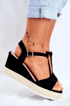 New Sandały Damskie Na Koturnie Czarne Papillon Damskie Sandały Na Koturnie