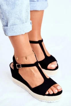 New Sandały Damskie Na Koturnie Czarne Papillon Damskie Sandały Na Koturnie