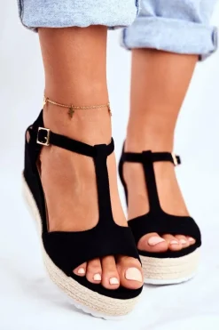 New Sandały Damskie Na Koturnie Czarne Papillon Damskie Sandały Na Koturnie