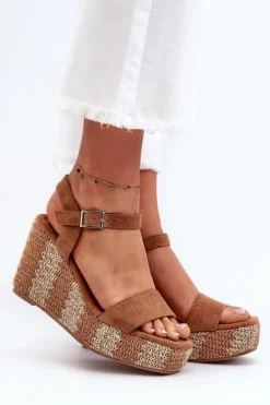 New Sandały Damskie Na Koturnie Z Plecionką Camel Reviala Damskie Sandały Na Koturnie