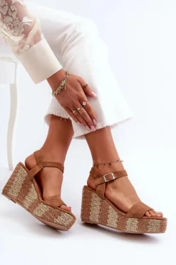 New Sandały Damskie Na Koturnie Z Plecionką Camel Reviala Damskie Sandały Na Koturnie