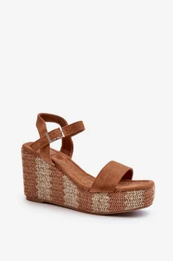 New Sandały Damskie Na Koturnie Z Plecionką Camel Reviala Damskie Sandały Na Koturnie
