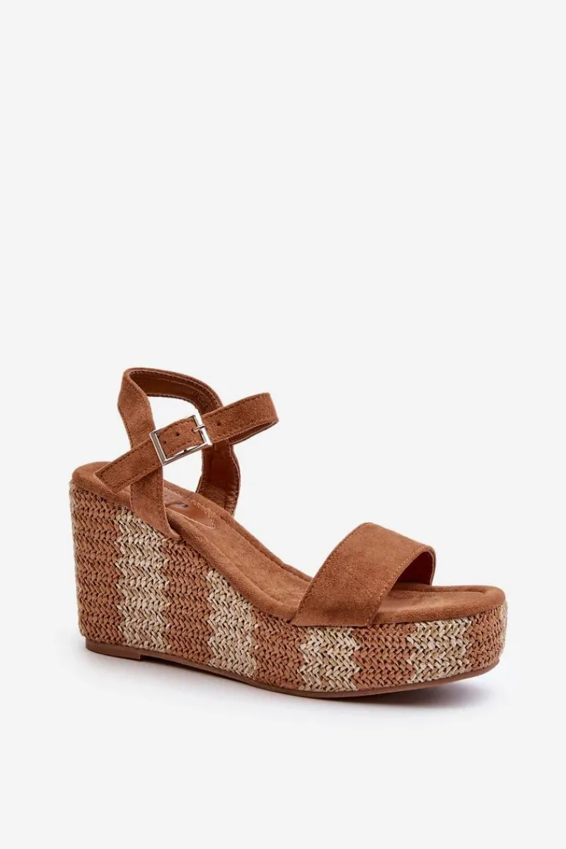 New Sandały Damskie Na Koturnie Z Plecionką Camel Reviala Damskie Sandały Na Koturnie