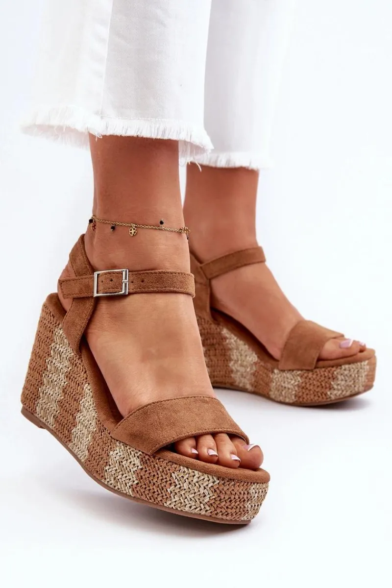 New Sandały Damskie Na Koturnie Z Plecionką Camel Reviala Damskie Sandały Na Koturnie